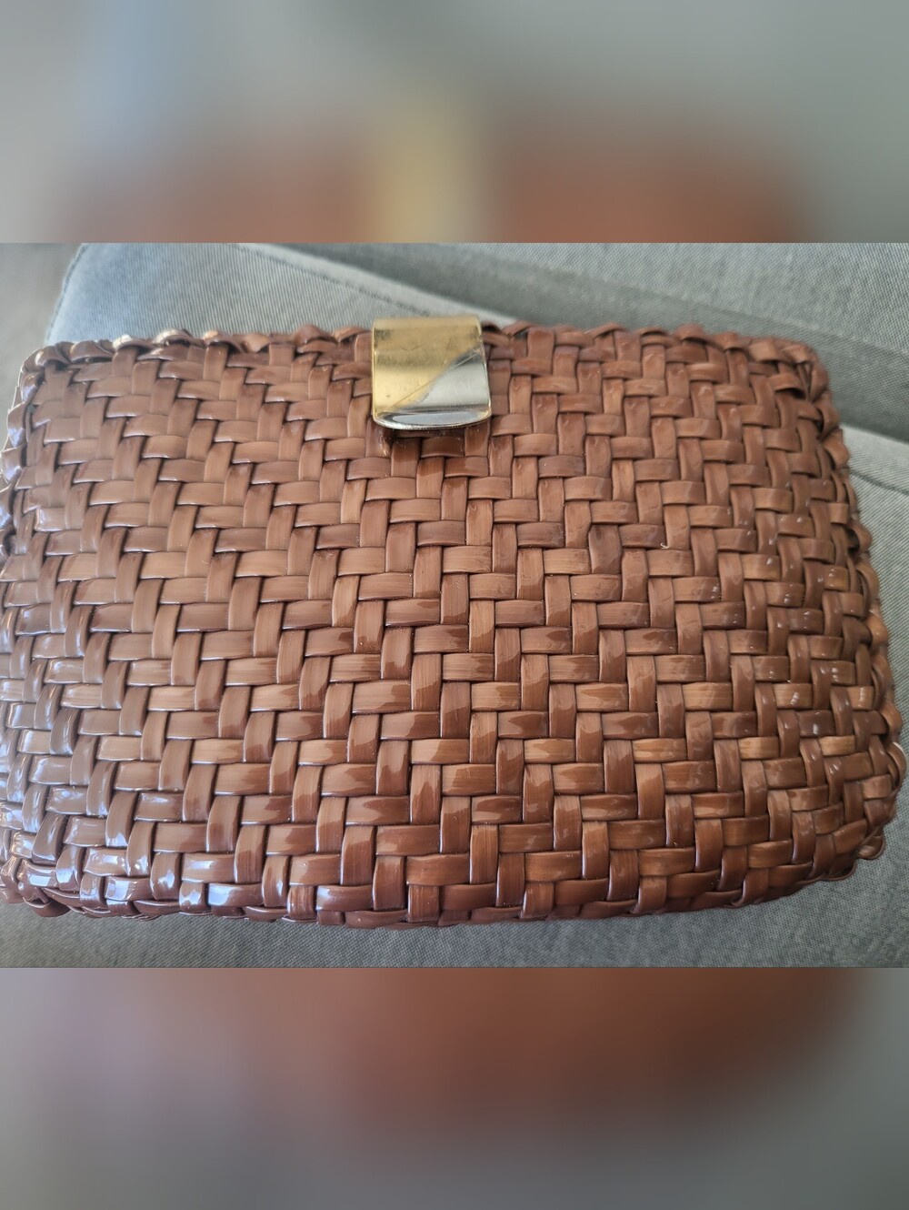 Walborg Woven Brown Clutch with Two-Tone Metal Clasp